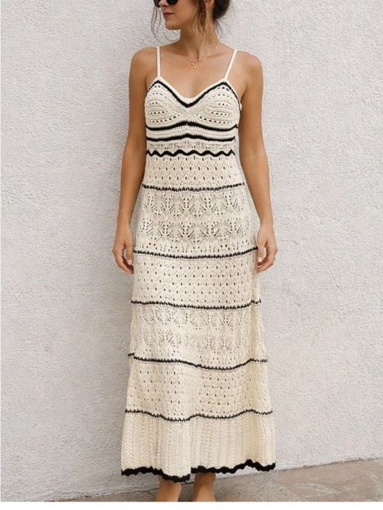 Zara Dresses & Skirts - Zara Cream Crochet Maxi Dress with Black Trim